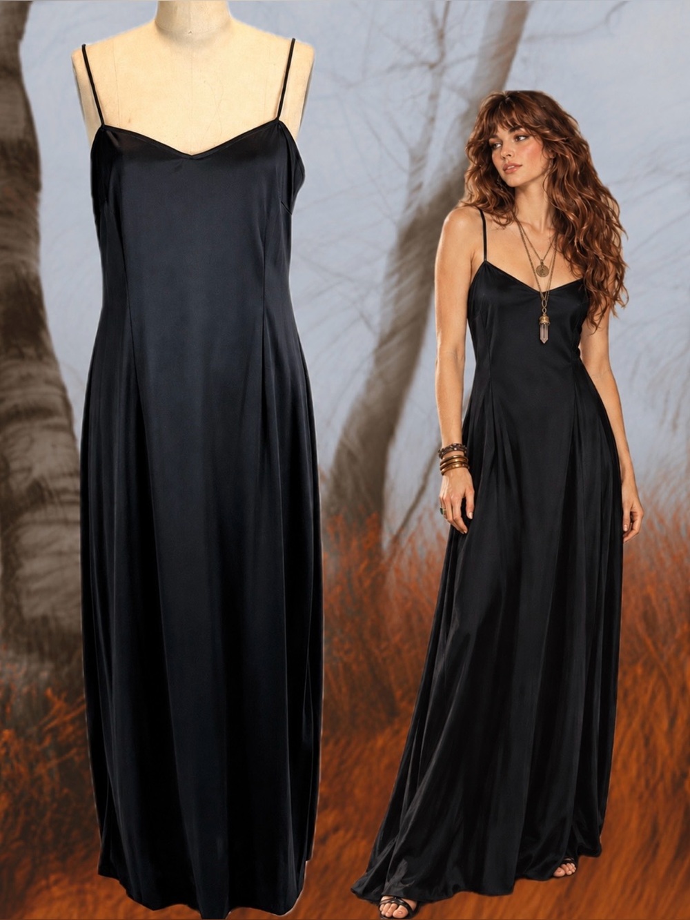 VINTAGE 70s slinky black dress long maxi column spaghetti strap cocktail formal
